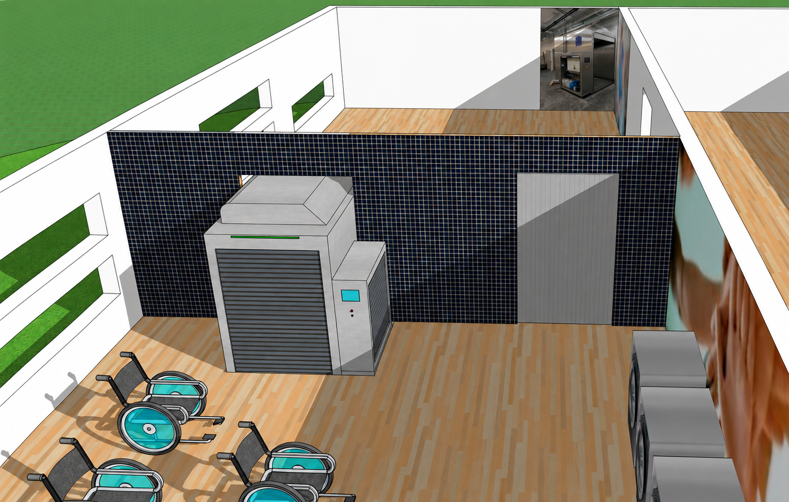 3D-tekening van een RehaWash-machine op de gewenste locatie